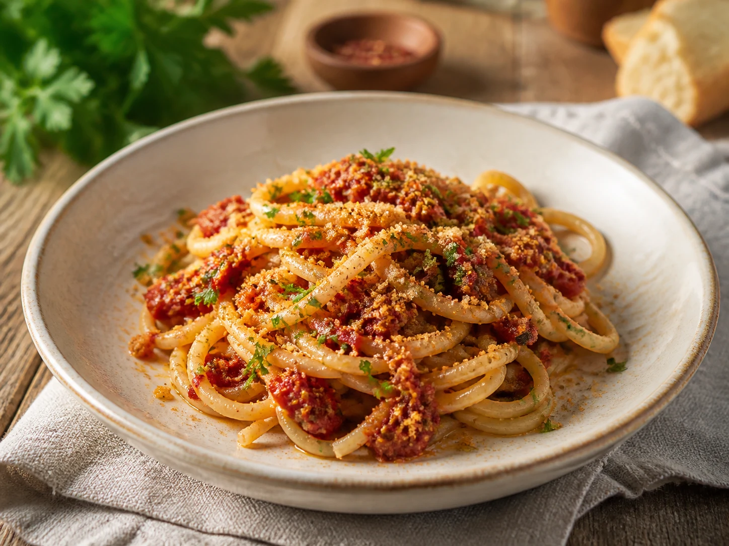 Pasta con Capuliato piccante e mollica croccante